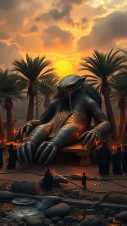 A huge anunnaki creature laying down on a bench of wood surrounded by date palms and small people holding candles the body with candles in the hands and all wearing black customs close to the river of tigers cloudy sunset environment