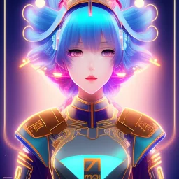 Cyborg anime geisha, light blue hair, messy hairstyle, pierced ears, oversize latex coat, neon lights, golden eyes, waist up portrait, 8k resolution, intricate details, ornate details, soft lighting, vibrant colors, retroanime, masterpiece, intricate eyeliner, dark eyeshadow, eyes, intricate tattoos, gradient color background