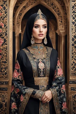 Gorgeous Realistic Photography Super model Russian as Beautiful hijab girl dressing Morocco pattern flowers gown luxury black and jewelry,luxury palace background, close-up portrait