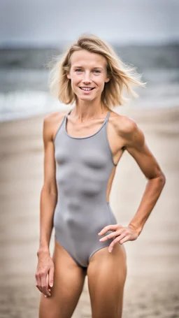 beautiful anorexic 19 year old woman, total shot, grey triathlon swimsuit, short blonde wavy bob hair, blurred beach background