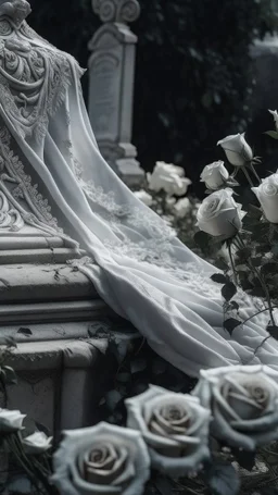 A grave above it a white lace scarf and white roses. Cinematic picture