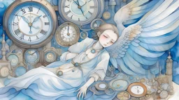 An ethereal watercolor illustration depicting a sleepwalking watchmaker angel drifting through a dreamlike realm, surrounded by floating timepieces and intricate machinery. The angel's expression is serene, lost in a creative trance as they unknowingly shape the fabric of time itself. Soft pastel colors blend together seamlessly, creating a sense of otherworldly beauty and wonder.