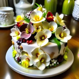 torta de 19° aniversario del 25 de febrero de 2024, decorada con orquídeas, en un jardín de orquídeas cymbidium y cattleyas, hiperrealista