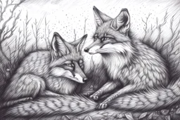 As twilight descends, the foxes awaken. Known for their sly and clever nature they prepare for their nocturnal adventures. - Pencil drawing.