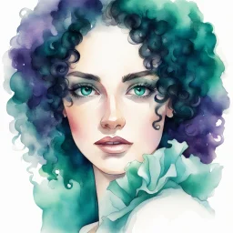 Portrait of a beautiful woman with green eyes, curly black hair with purple, teal and turquoise highlights and long eyelashes. With a white ruffled blouse, uncut head and in front of a white background, watercolor illustration