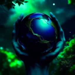 promise the world, dark green and blue colors, without hands, fantasy atmosphere, photo quality