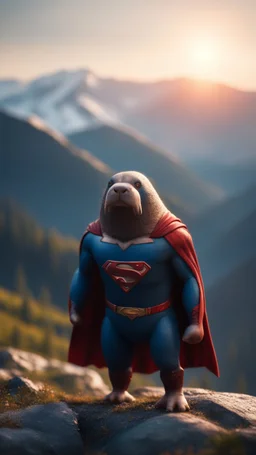 Superman as Vampire walrus in carpathians montains sun set ,bokeh like f/0.8, tilt-shift lens 8k, high detail, smooth render, down-light, unreal engine, prize winning