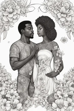 Create outline art of coloring page of a black couple surrounded by blossoming flowers symbolizing the growth and beauty of their love. white background, sketch style, half of body, only use outlines, Mandala style, clean line art, white background no shadows, no shading, no color at all and clear and well outlined.