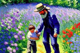 An oil painting of a father with his son in a flower garden by artist "Claude Monet"