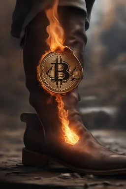 A Bitcoin logo is burned into the skin of a man's leg calve by an old branding iron, the kind that was used for animals. It's dramatic and happended in the moment, close view. It is still hot and steam can be seen from the burn mark. Hyper realistic photorealistic painting, dramatic, ultra detailed, cinematic lighting,