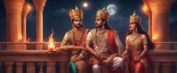 Hyper Realistic beautiful handsome Indian king & Queen in love on the balcony of an Indian palace at moon night with flame torches