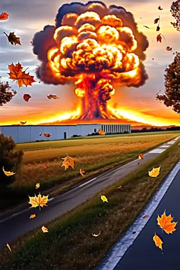 top right corner is a nuclear explosion cloud, top of explosion looks like a autumn tree full of leaves, add leaves falling everywhere in foreground, high horizon at 1/3 from top, bottom 2/3 is a road through a road, a wind is blowing away from the tree. a commercial building is on the middle left