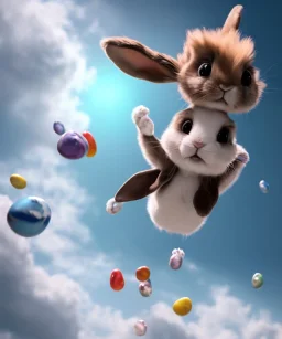 Ultra realistic speed clouds sky scene, wide angle view, childs falling down with many Childs background, rabbit head, inflatable monsters, circus dress style, feather color, free jumping flying, many trinkets, hair monster, many jelly beans, balls, color smoke, smile, happy, extreme, wind, clouds sea, 20,000 feet altitude, stratosphere, soft color, highly detailed, unreal engine 5, ray tracing, RTX, lumen lighting, ultra detail, volumetric lighting, 3d, finely drawn, high definition.