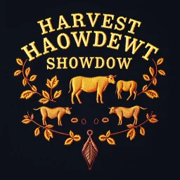 an autumn colored textured cloth embroidered ornamental leaves and cattle, pointed bottom, on dark background, embroidered text across top "HARVEST SHOWDOWN" block text, Canadian western cowboy style