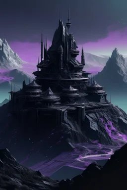 A purplish black fortress on a mountain in Futurism art style