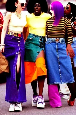 year 1996 denim fashion. Loose skirt, low waist. Colors: denim blue, blue, purple, cream, khaki, light green, lilac, plum, orange, terracotta, red, light yellow, pink, dark blue, beige. Cheetah pattern. Gwen Stephani, Missy Elliot, Shirley Manson.