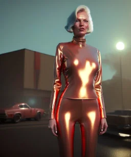 retro sci-fi portrait image from 1980, supermarket parking explosions, fire, scared people, blonde woman walking, sweet Kate moss face, tight latex suit, soft color, highly detailed, unreal engine 5, ray tracing, RTX, lumen lighting, ultra detail, volumetric lighting, 3d, finely drawn, high definition, high resolution.