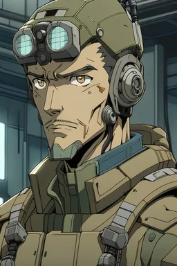 Anime man side character cyborg , wearing army clothes,aged 46 with a one robot eye