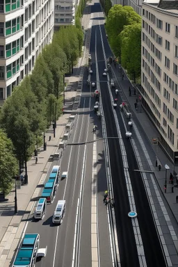 birds eye view of a street with one way traffic, a cycle lane and a pth