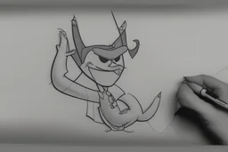 a toon character seating on film reel his hand with drawing paper and pencil and draw somthing