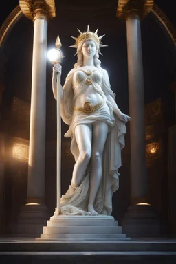 highly detailed marble and jade statue on a plint of the roman goddess of the sun. sun halo around head. face of a model. beautiful legs. beautiful feet. big bosom. full body shot, volumetric fog, Hyperrealism, breathtaking, ultra realistic, unreal engine, ultra detailed, cyber background, Hyperrealism, cinematic lighting, highly detailed, breathtaking, stunning temple environment