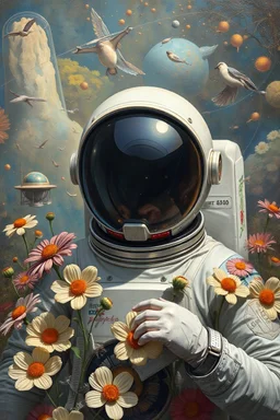 Bosch painting style, an astronaut surrounded by flowers around him as protector