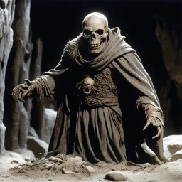 [high res photo by Ray Harryhausen] The thing moves again, emerging fully from the shadows. It is a wight—a walking corpse of immense size, its body wrapped in the tattered remains of priestly robes, gray with age and decay. The cloth flutters as it moves, revealing glimpses of bone beneath. Its head is a featureless skull with glowing blue light where the eyes should be, casting a faint azure radiance over the snow. As it drags itself forward, its joints grind audibly, the sound like stone grin