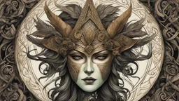 create a full color ink wash and watercolor illustration of a richly patinaed, ancient bronze female druid ceremonial mask representing Macha, utilizing historic Celtic decorative motifs, intricately detailed and sharply defined in the style of Arthur Rackham and Kay Nielsen