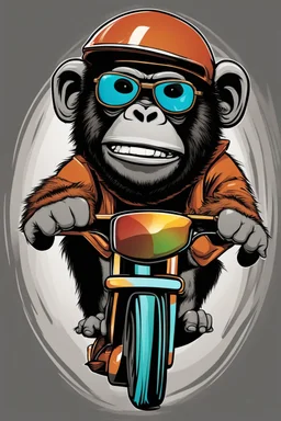 Ape riding on a fast scooter, with sunglasses, making a silly face, cartoonize, logo