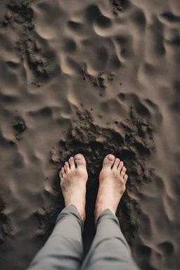 A toes looks dirty filled on the grey dark. Sands and dirt on a sands ground, view from the top
