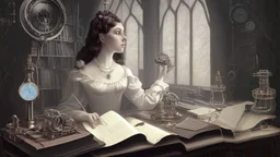 Victorian gothic woman, with long dark hair, leaning over a desk, working on a tiny clockwork machine, gloved hands, while looking through a magnifying glass, in a dark laboratory, full of devices, machines, and books