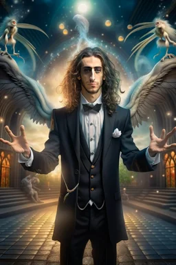 portrait of cool street magician dressed in suit, background is of a cross with octopus arms outstretched up towards heaven, hair standing straight up, fluffy clouds,white pupils, elaborate cape, angels and demons, fireflies , staircase with closed gates of heaven, 4 k, down light, depth of field, trending on art station, high detail, cracked ground