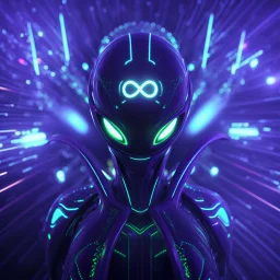 3D infinity symbol ∞ on alien's forehead, infinity figure-of-eight symbol is totally-symmetrical and glowing, exotic, neon, alien, inspiring, fantasy, scientific, friendly, beautiful, octane render, 8k post-production, artstation: award-winning: atmospheric: commanding: fantastical: clarity: 16k: ultra quality: striking: brilliance: liquid medium: stunning colors: amazing depth; lens: f/8, 28mm