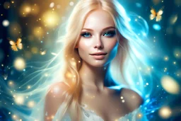 très belle femme-fée cosmique, ailes transparentes, visage doux très beau, cheveux blonds longs, gracieux et doux sourire, bijoux magnifiques, boucles d'oreille dorées, grand ciel bleu, lumières, lucioles, papillons brillants, étincelles de lumière, ambiance douce et féerique