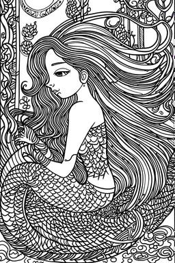 This captivating and delightful black line drawing is perfect for young artists. It features a charming and enchanting mermaid, waiting to be brought to life with colors by a 6-year-old child. The thick and bold outlines make it easy for little hands to color within the lines, fostering creativity and imagination. The mermaid is the centerpiece of the image, with her flowing hair, graceful tail, and a joyful expression on her face. The full undersea background adds depth and excitement to the s