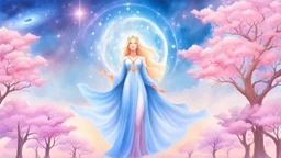 Create an image of a full body cosmic goddess. the goddess should be depicted as a beautiful and powerful figure, surrounded by cosmic stars. her hair should be long, blond and flowing, and she should be dressed in a flowing gown blue celestial robe. in the background, include imagery of pink flowers, blue sky, trees. the image should evoke a sense of joy, celebration, and spiritual connection to nature.