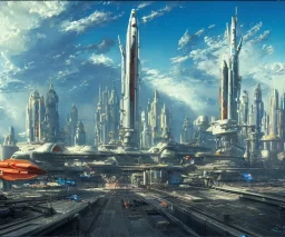 Spaceport on a heavy industrialized planet, a vibrant city in the background, a docked spaceship in the foreground!!!, art by John Berkey, buildings with glass facades, Brutalität architecture, insanely detailed, vibrant, 8k uhd, cinematic atmosphere, ultra-wide angle, street level view, brush strokes, blue sky with clouds, sharp focus