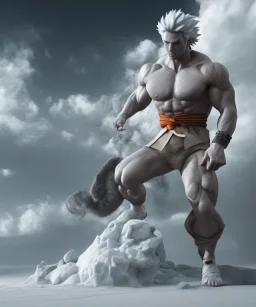 Goku, matrix style, white hair, fighting pose, muscular body, shirtless, volumetric details, hyper realism, unreal engine 5