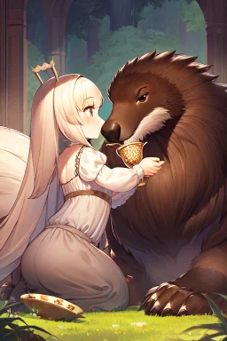 Anthropomorphic European badger wearing a tophat and having a tea party with his other anthropomorphic animal buddies. Illustration.