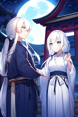 girl, masterpiece, best quality, cinematic lighting, detailed outfit, vibrant colors, perfect eyes, white hair, blue eyes, long hair, low ponytail, hakama, shrine, smile, looking down, night sky, starry sky, full moon,