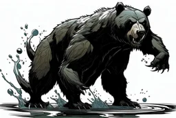 Bear, black liquid, full body, attacking, profile ,comic book, gray background,