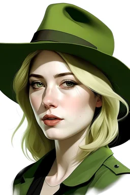 illustration of beautiful woman, pale skin, freckles, green eyes, shoulder-length blonde hair, black sheriffs hat