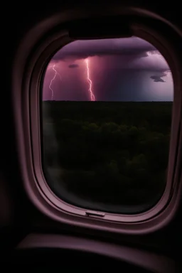 An image of a massive severe storm system with dark clouds, lightning as you look through a window on an airplane