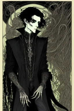 black haired young man necromancer wizard with gothic jewelry and tentacle fingers in the style of Harry Clarke