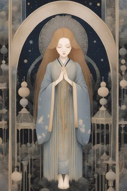 Kay Nielsen, Ayang Cempaka, Mysterious, strange, surreal, bizarre, fantasy, Sci-fi, Japanese anime, the other side of Platonic solids, visualization of pitch and melody, beautiful girl, perfect voluminous body, detailed masterpiece