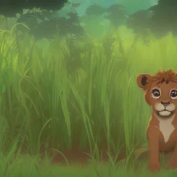 picture for children's book showing a cute baby lion behind tall grass in the jungle.