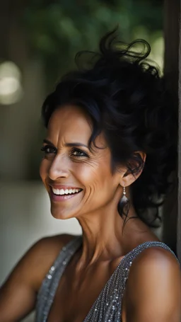 Portrait of a 50 year old Olive skinned woman with dark salt and pepper hair, smiling