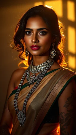 A stunningly elegant Indian supermodel, adorned in a designer saree and an extra-long necklace, her skin glowing in the golden hour light. Henna tattoos decorate her skin, casting shadows and rays that enhance her beauty. This evocative image captures her radiance and grace in a photograph. Her dusky complexion is enhanced by the play of light and shadow, creating a mesmerizing effect. The impeccable quality of the image highlights the model's striking features and the intricate details of her a