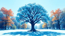 A tree of life in the center with abundant foliage along with views of all seasons, spring, summer, fall, and winter, in a special, eye-catching blue color theme.