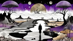 inner world , atypical world, in midle an alone human figure stands on the thin bridge with a big map his hands , weird whimsical landscape, forest, and Sahara water and rocks,, around surreal cracked painted weird land with some black doors. dark purple, gray, black, white, brown. Whimsical style of Chagall , of Minjae Lee and René Magritte, lonely face with absurd beauty. broken, weird bizarre absurd nightmare, labirynth, dark vision, neuron network background, surreal vibe, stunning absurd
